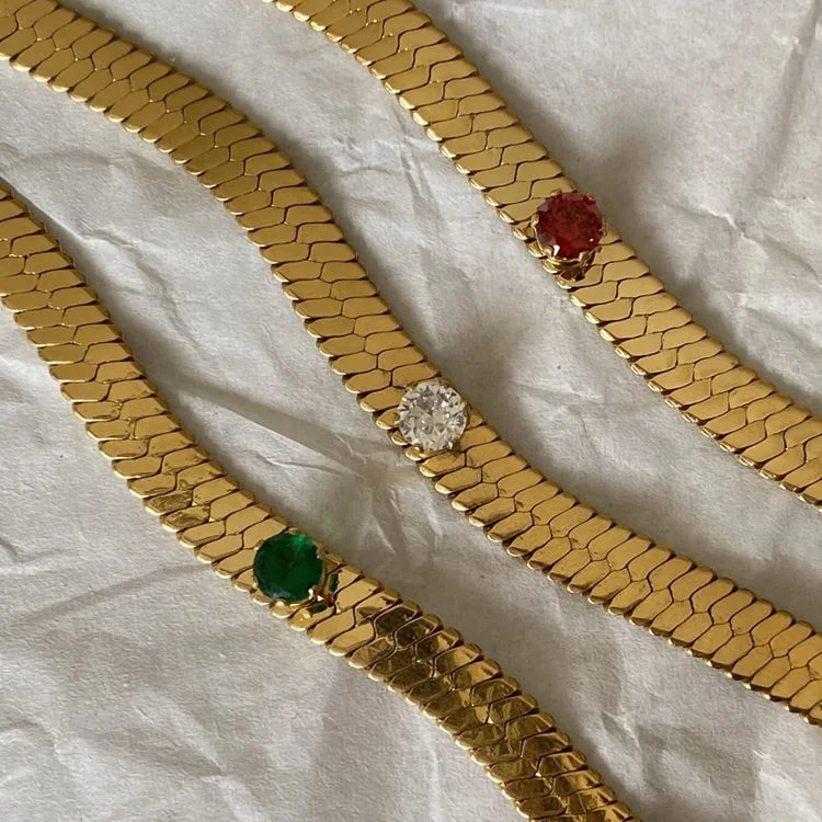 

Women Statement Jewelry Stainless Steel Herringbone Flat Snake Chain Choker Sparking Birthstone CZ Diamond Necklace