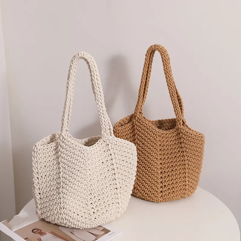 

New 2023 summer women fashion hand bags one shoulder cotton knitting bag hand crochet handbag seaside beach summer bags tote