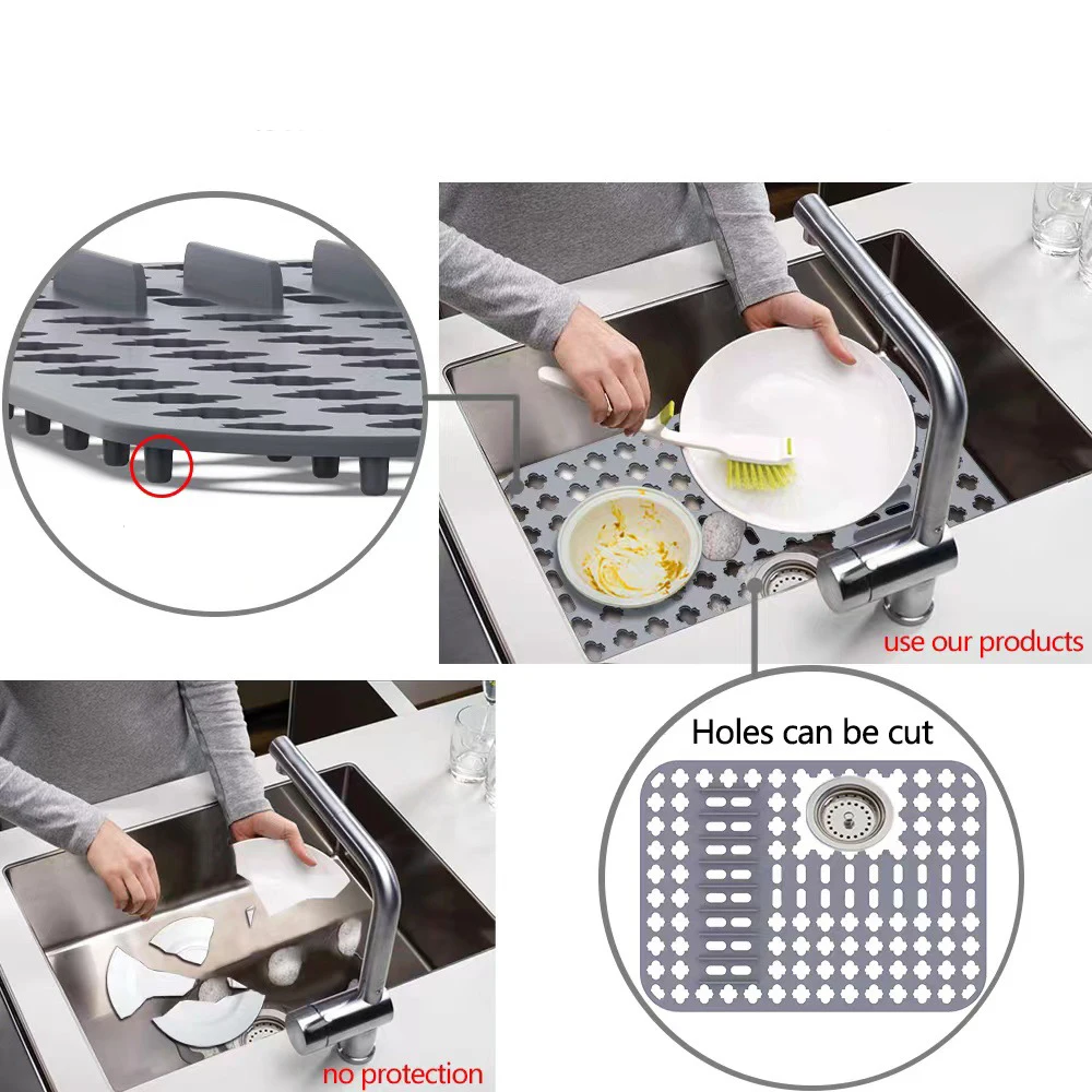 

Cut to Fit Silicone Sink Protector Mat with Drain Hole Grid Sink Drain Strainer Pad for Kitchen