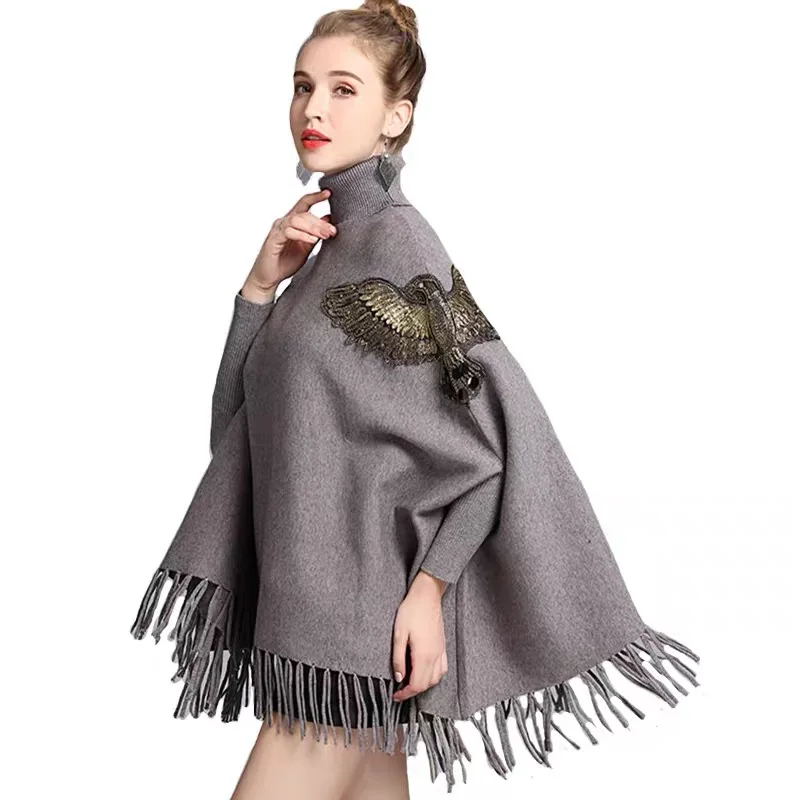 

Oem roll neck double knitting tassels cape women animal glittery sweater pullover shawls, Multicolor (oem available)