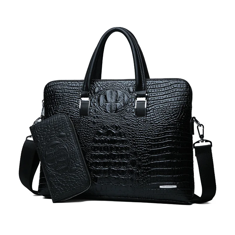 

Hot Sale New Model Man Crocodile Pattern Double Zipper Tote Male Business Shoulder Laptop PU Leather Briefcase