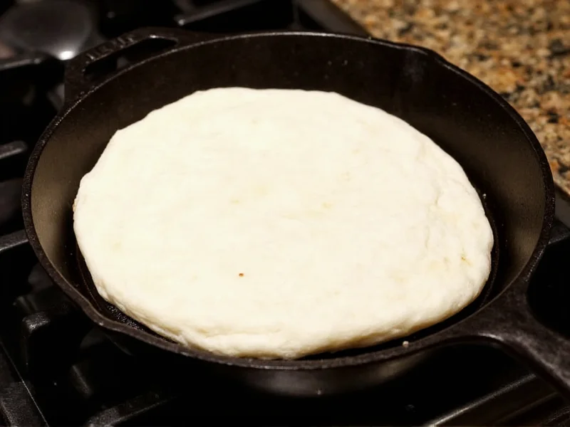 Flour tortilla puffing up on hot cast-iron skillet