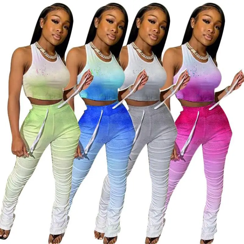 

Latest Hot Sale Colors Mixture Top And Pants Outfits Two Piece Shorts Set Women Clothing Cotton Stacked Sweat Pants