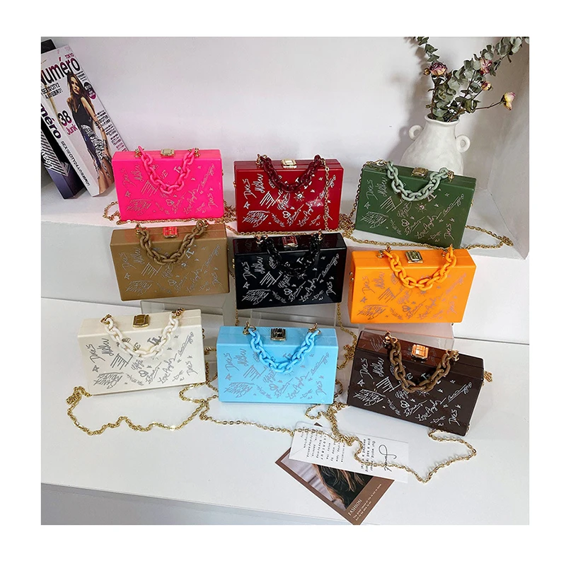 

Graffiti Acrylic Square Box Bags For Women Luxury Prints Crossbody Bags 2021 Summer Chain Purses and Handbags Female Travel Bags