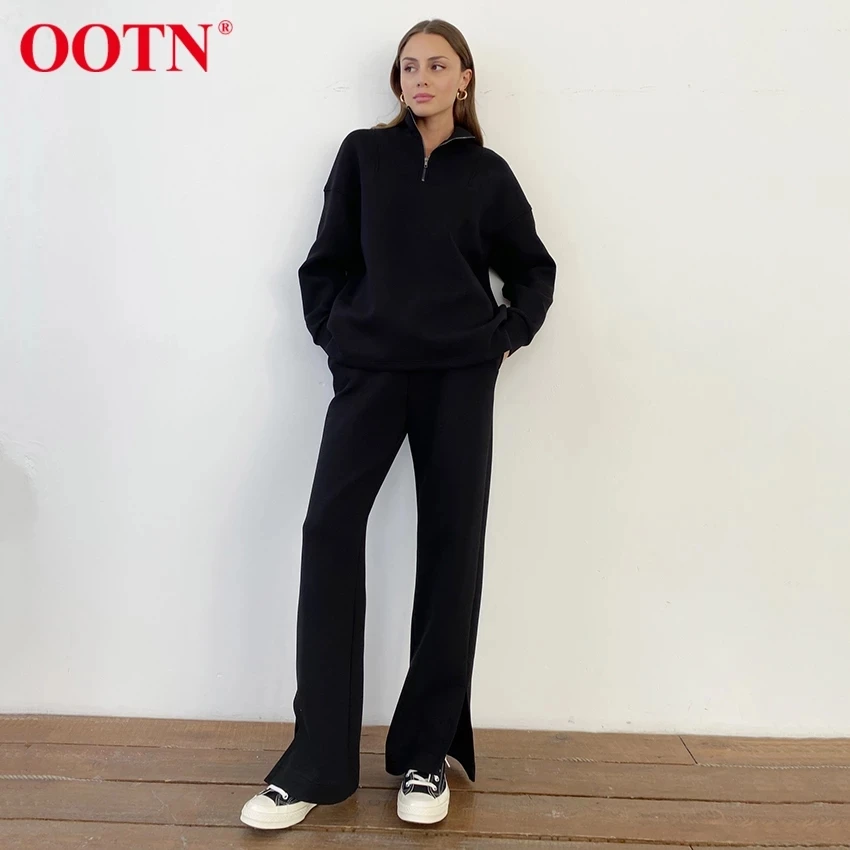 

OOTN Pullover Stretch Stand Collar Zipper Knitted Suit Women Casual Split High Waist Straight Pants Outfit 2021 Sweatshirt Sets