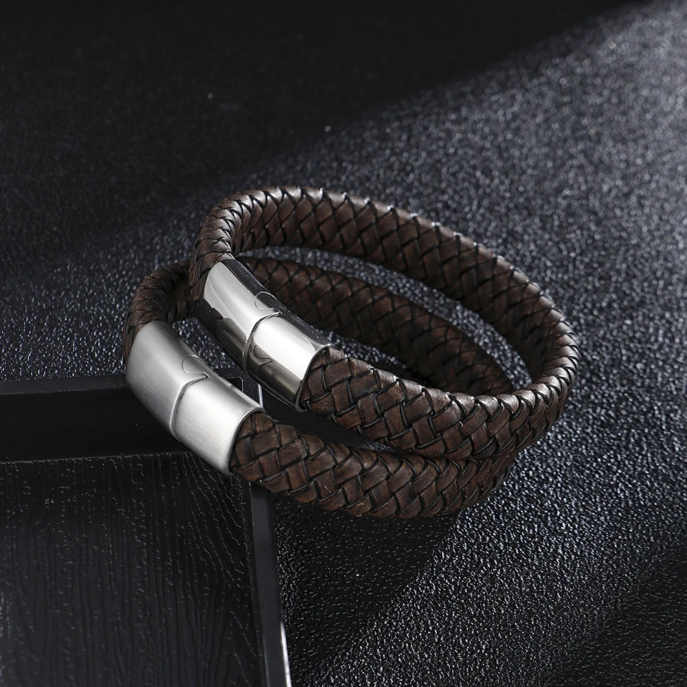 

Brown Woven Custom Engrave Stainless Steel Genuine Leather Bracelet For Man Women