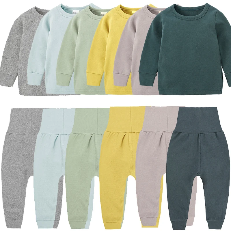 

Custom Children Pajamas Kids Plain Color Ribbed Cotton Pajamas Sets Kids Long Sleeves Sleepwear, Customized color