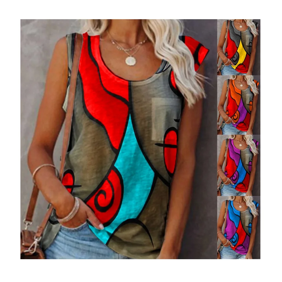 

TR026 2021 New Women Tops Summer Fashionable Casual Round Neck Loose Sleeveless Printing Oversized T-shirts vest top