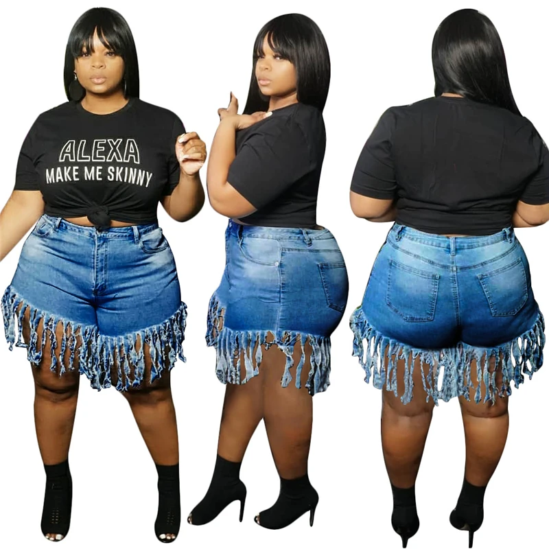 

summer women's shorts with tassel streetwear denim jeans button waist plus size pants women jeans, Picture color