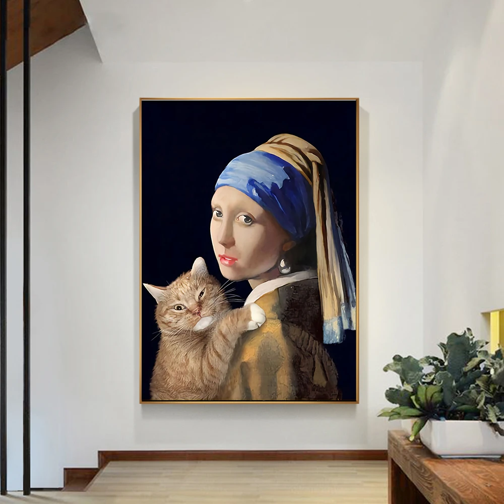 

Retro Oil Painting Cat and Women on the Canvas Posters and Prints Wall Art Modern Picture For Home Decor