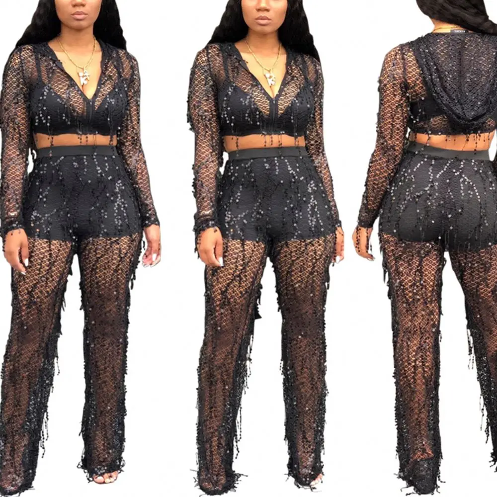 

Wholesale Women Stylish Mesh Sequin Pants And Crop Top Two Piece Set