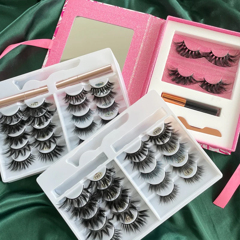 

Private label high quality silk lashes luxury faux mink magnet eye lashes box 10 magnetic eyelashes with eyeliner set, Natural black