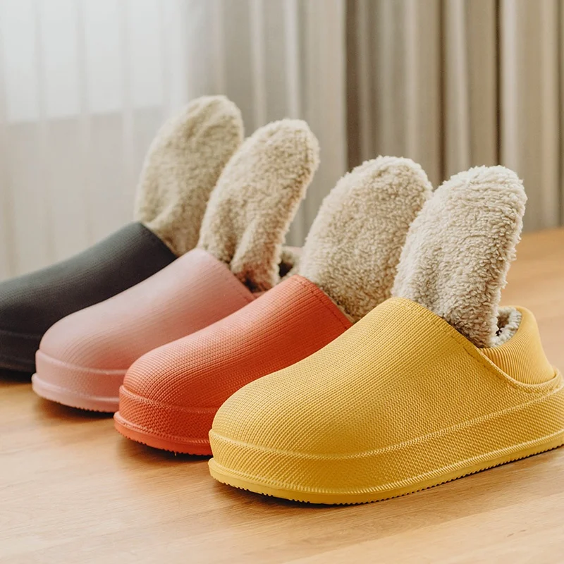 

UTUNE Waterproof Non-Slip Home Slippers Winter Warm Fashion Fur Cotton Ladies Soft Slippers Couples Shoes, Multi color