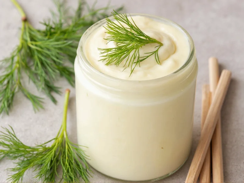 Glass jar of creamy homemade mayonnaise with fresh dill garnish
