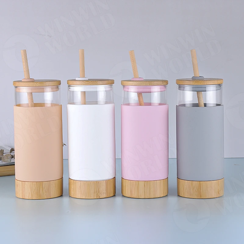 

20oz Glass Water Tumble with Glass Straw and Lid Bamboo Lids Mouth Smoothie Tumblers