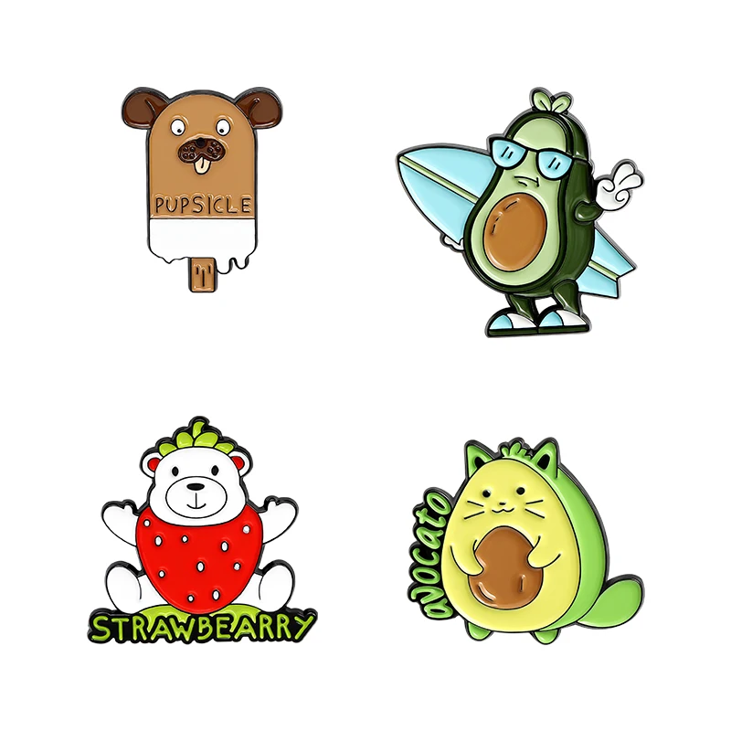 

Creative Fruit Animals Enamel Pins Colors Cute Strawberry Bear Avocado Tanuki Dog Popsicle Surf fruit Brooch Kids Gift Party