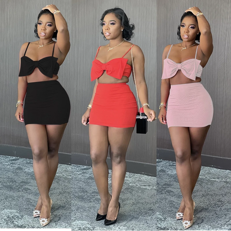 

Sexy bow strap miniskirt set backless short girls' dresses Women's Summer Sets