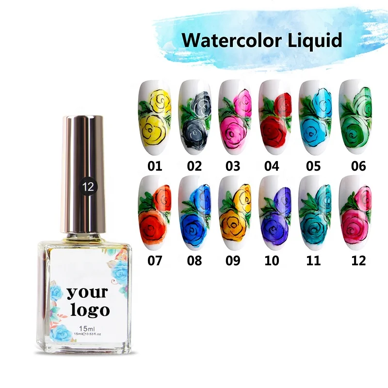 

QSHY Custom Logo Private Label Wholesale Watercolor Liquid Nail Art Dry Naturally Organic Eco-Friendly 12 Color Paint Marble Ink