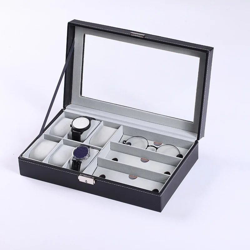 

Wholesale Leather Watch Box 6 Slots And Eyeglasses Storage 3 Slots Sunglass Glasses Display Case Organizer Black