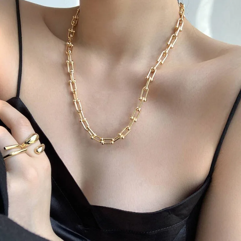 

Fashion Hiphop Thick Chain Chunky U Shape Clavicle Chain Choker Necklace 18K Gold Plated U Shape Link Chain Necklaces (KNK5327), Same as the picture