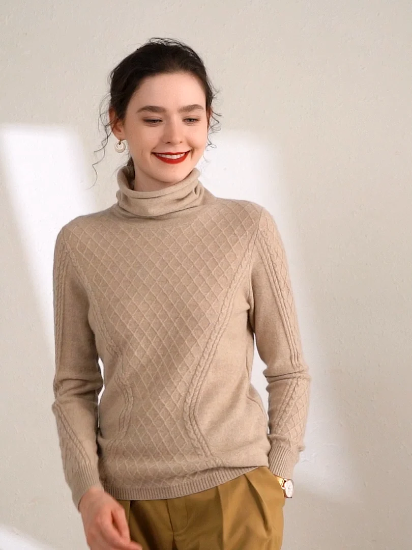 修身女士冬季秋季流行作物上衣羊绒针织高领毛衣套头衫