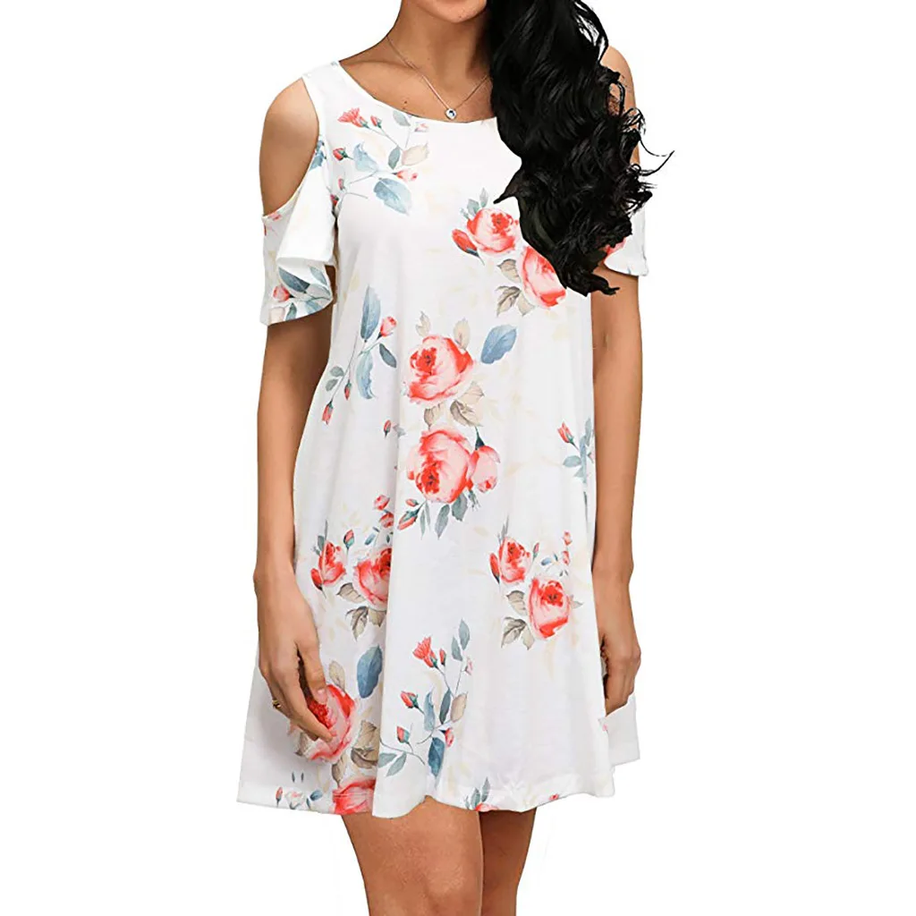 

New 2021 summer women's new off shoulder print short sleeve dress round neck short size swing dress