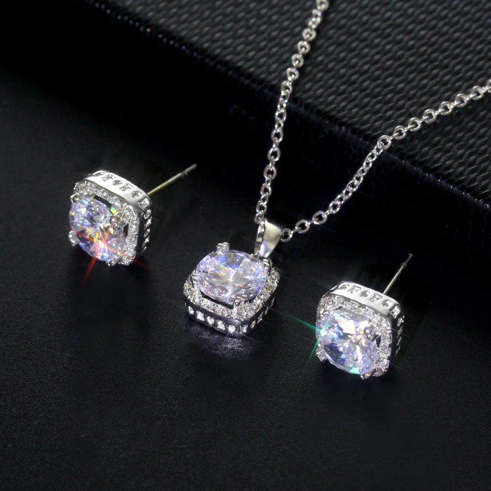 

Creative Sparkling Big Cz Square Wedding Jewelry Set Geometric Square Crystal Cubic Zircon Necklace Earrings Set for Women