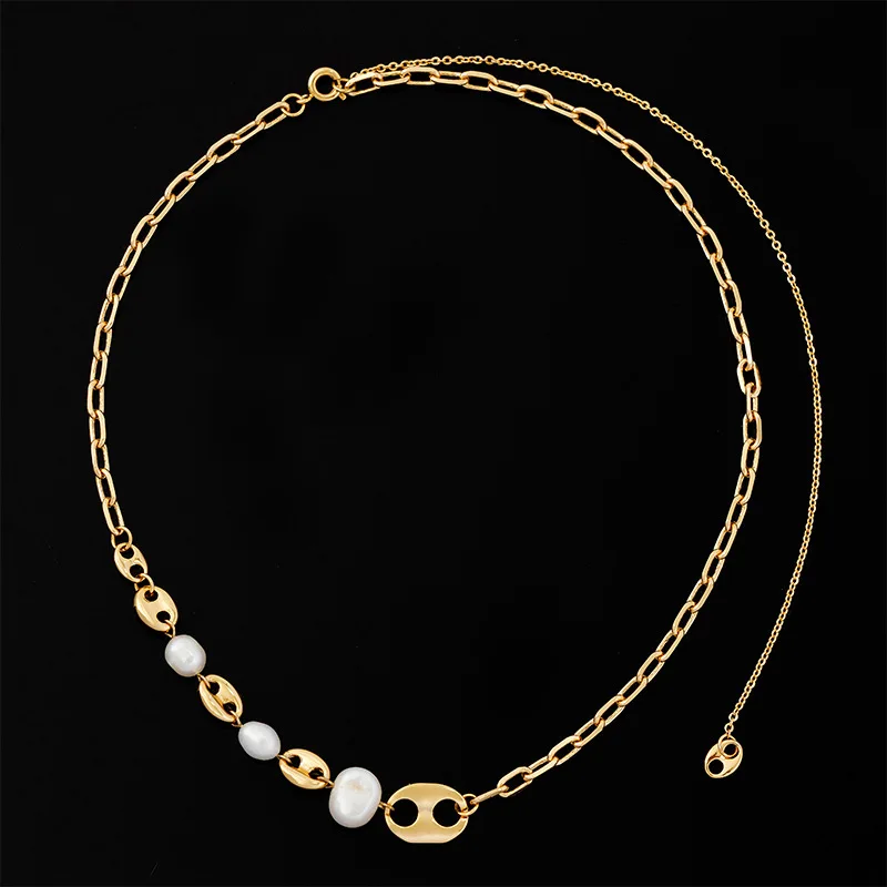 

Women Pearl Necklace geometric link necklace stainless steel chain necklace
