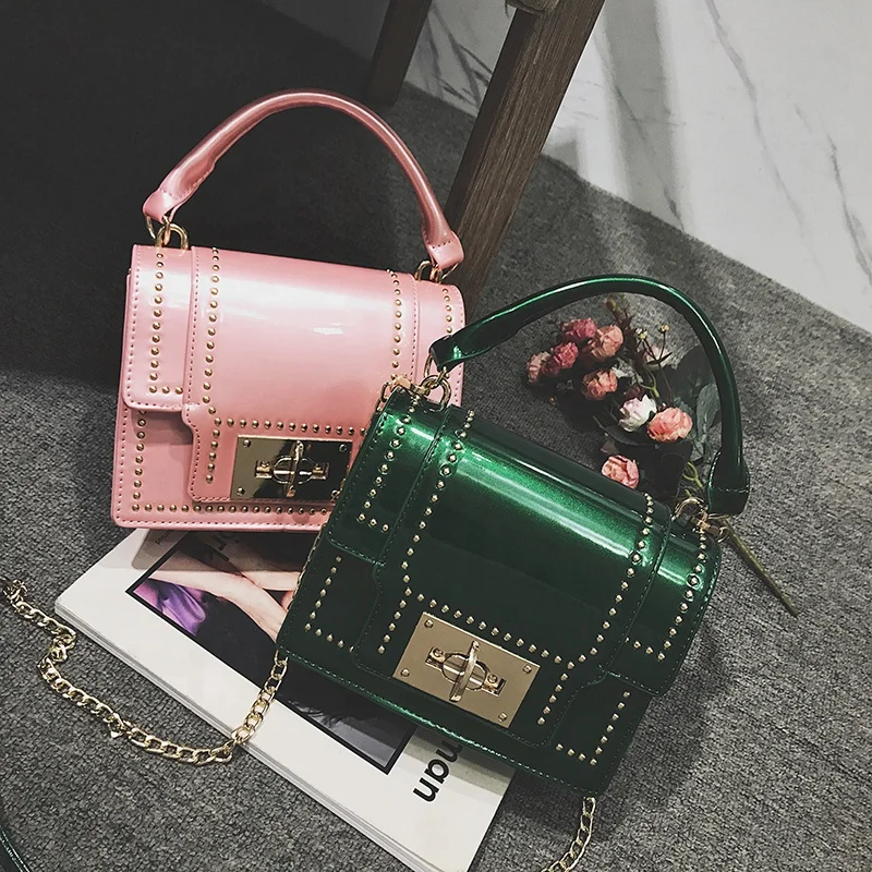 

2020 New Korean Fashion Metal Button Reflective Chain Trendy Crossbody Bag, Green/pink/black/red