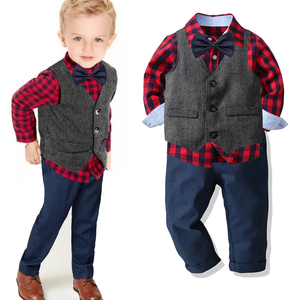 

3Pcs Gentlemen Style Baby Boys Vest Shirts Pants Set Fashion Clothes Plaid Shirt Vest Tops Pants Outfit Clothing Set, As picture