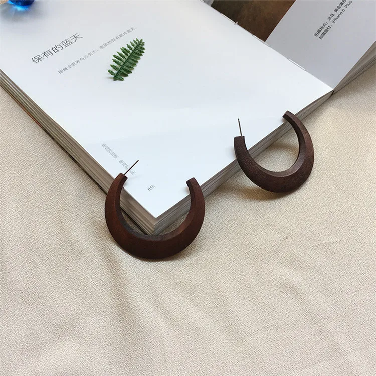 

Boho Small Round Tribal Wooden Hoop Earrings Handmade Brown Coconut Wood Hoop Earrings, As picture