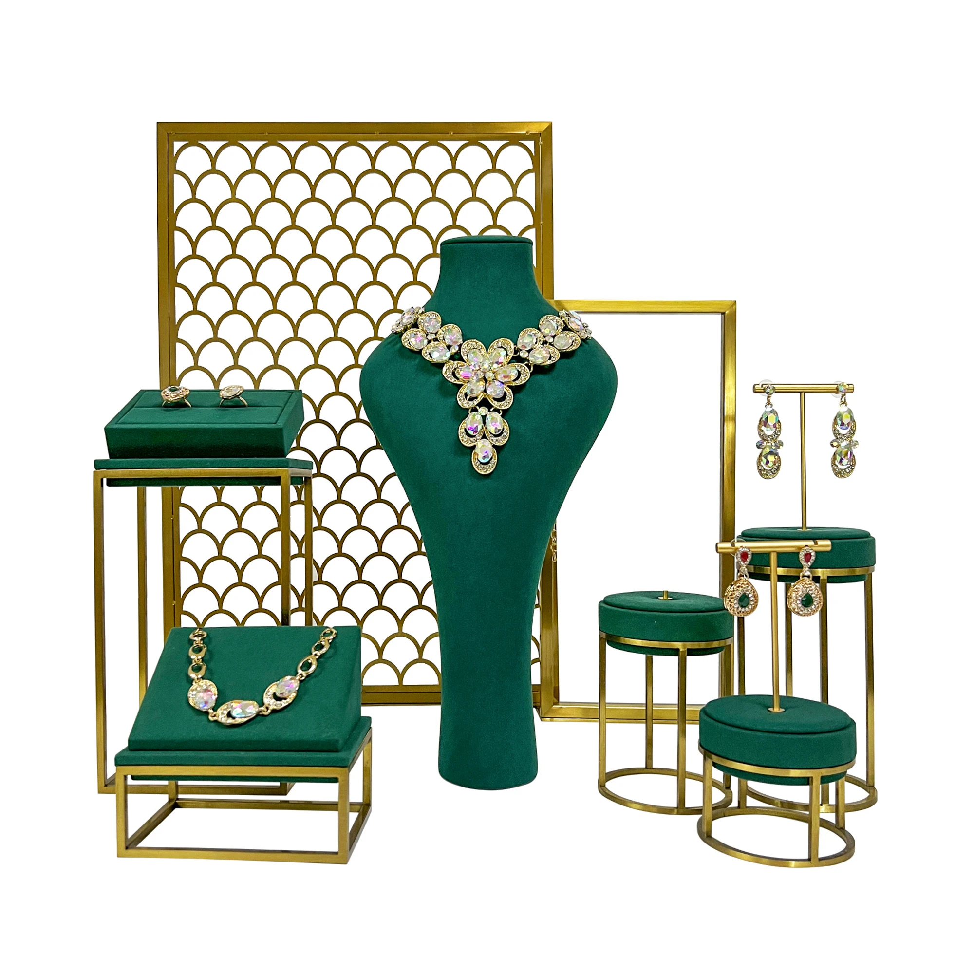 

SKQ New fashion 2023 jewelry displays for store luxury jewelry display props Green Microfiber jewelry stand display set