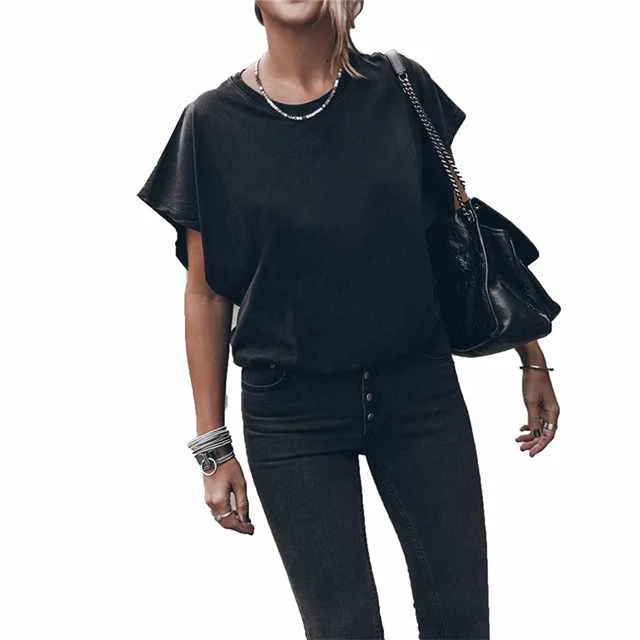 

Summer Loose Round Neck Comfortable All-match Flared Sleeve Top T-shirt, Picture showed