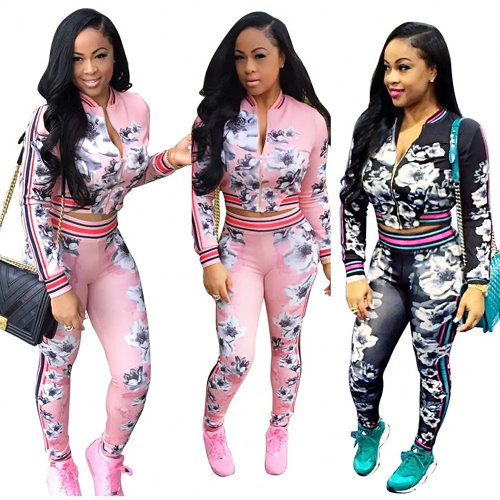 

2020 Floral Print Women Tracksuit Two Piece Set Crop Top And Pants Suit Cute Jogger Set Casual Sweat Suits, Multiple