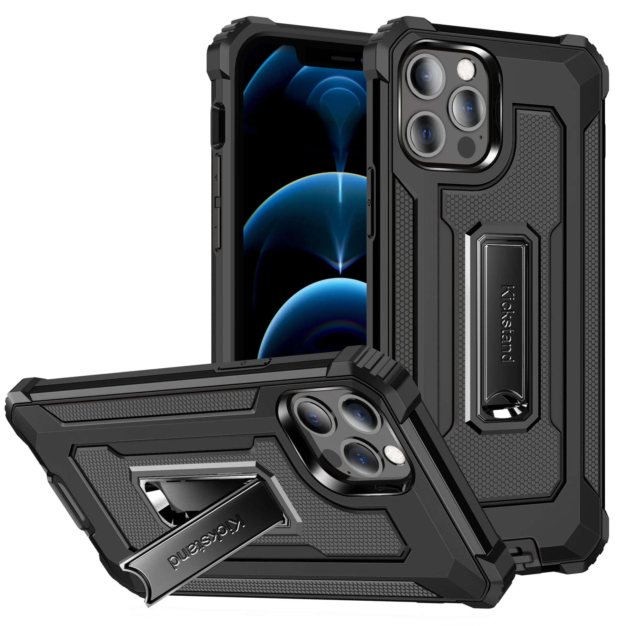 

For iPhone 1112 mini Pro Max 7 8 Plus Armor Style Metal Built-in Magnet Kickstand Shockproof TPU PC Back Cover Cell Phone Case