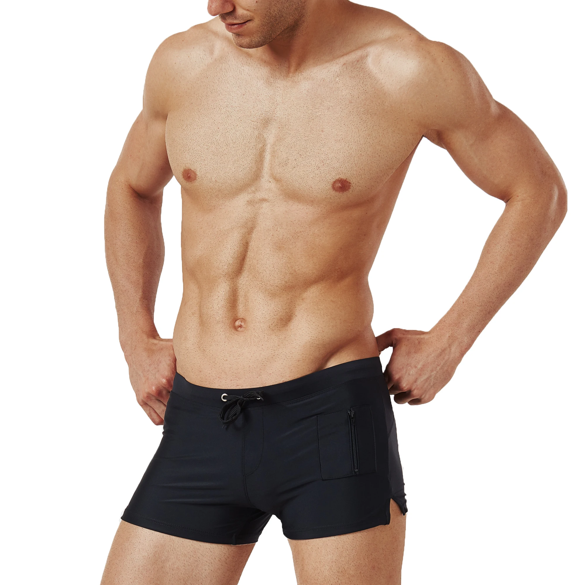 

Nylon Spandex Men's Swim Trunk Drawstring Swimwear Bathing Suit Board Short with Zipper Pocket