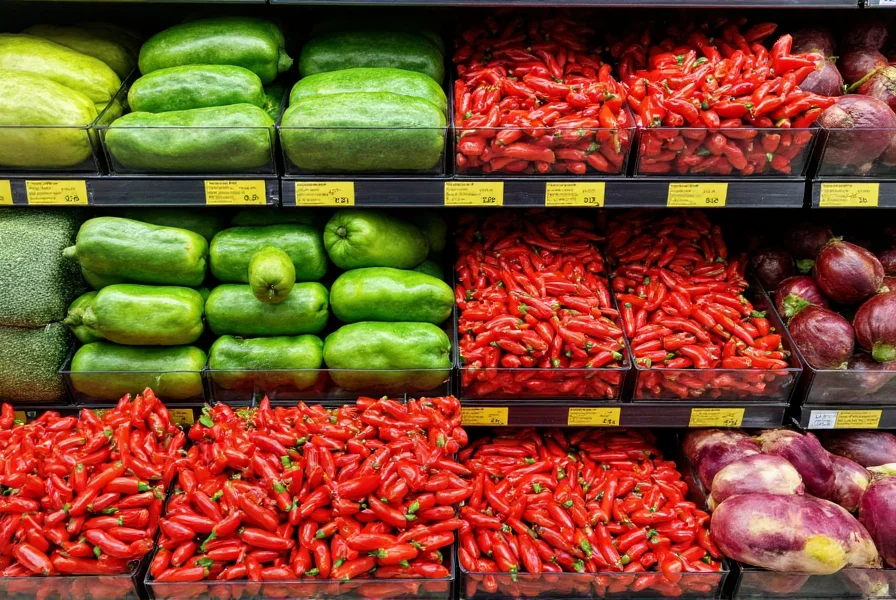 Target store produce section showing fresh chili peppers and other vegetables arranged neatly on display