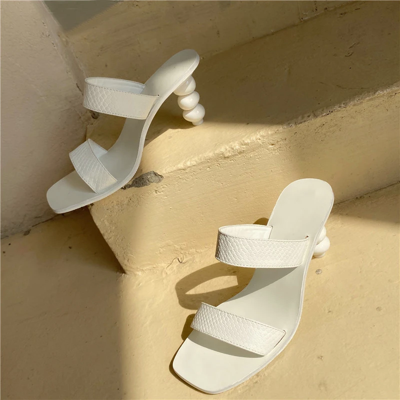 

2021 NEW Strange Heel Women Slippers Square Toe Transparency PU Sandals Ladies Mules Summer Gladiator Casual Slides Size 35-42, White