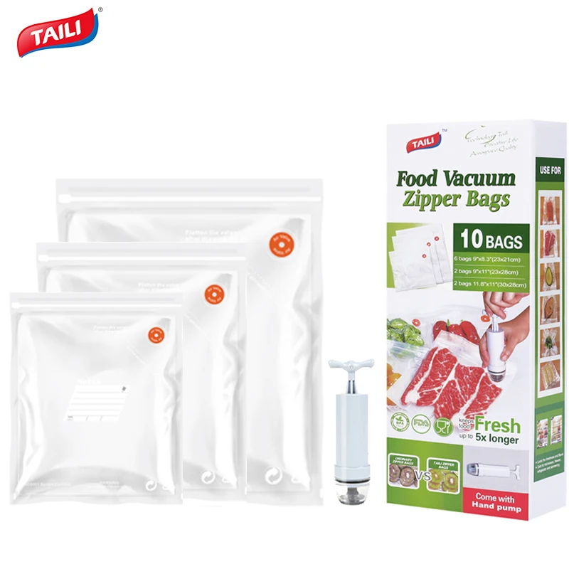 

10Pack Reusable PE/PA Food Vacuum Sealer Plastic Bag For Keeping Food Fresh With Hand Pump, White