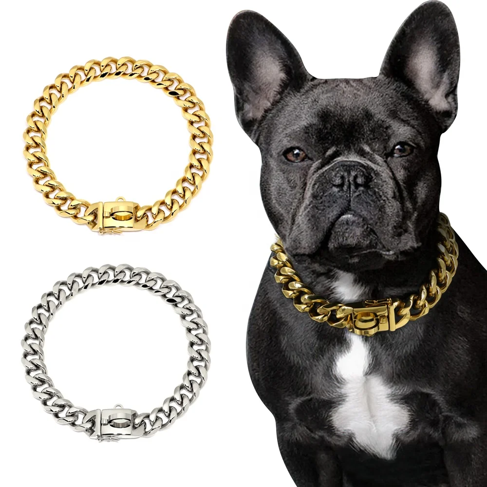 

Hot Sales 19mm Stainless Steel Gold Cuban Metal Chain Collar For Pitbull