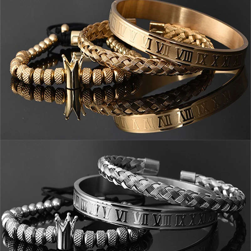 

Vintage Crown Braided Bracelet Roman Letter Stainless Steel Bracelet Set of Three
