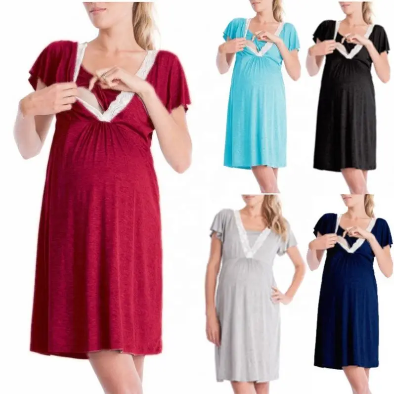 

Women Plus Size Nursing Pregnant Pajamas Breastfeeding Nightgown with Elegant Maternity Clothes Dress For Pregnancy Materni, Pink,black