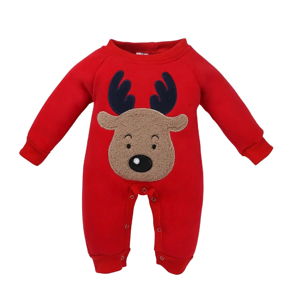 

2019 Christmas new children's wear autumn and winter plus velvet long-sleeved elk romper, Red,blue