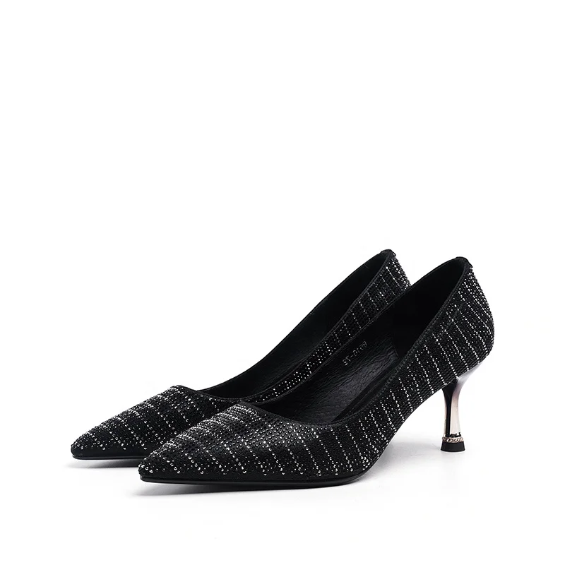 

J106 Rhinestone dress shoes women high heel shoes thin heels for ladies, Black/silver/golden