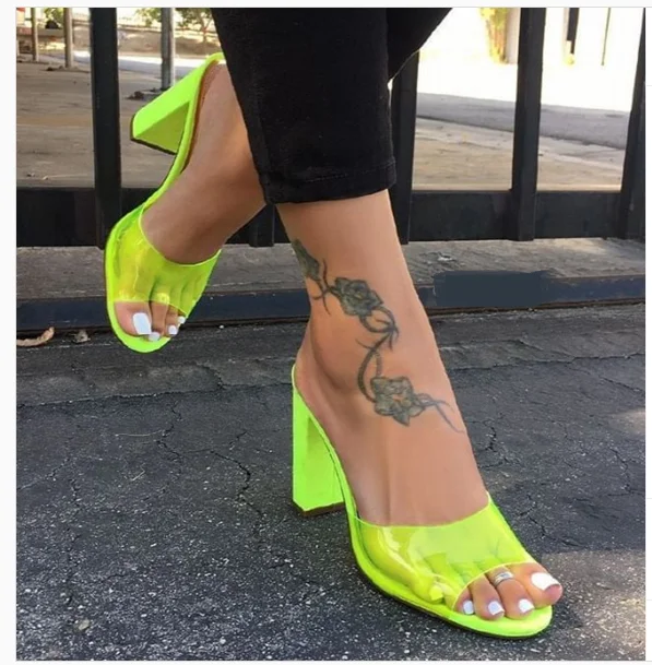 

DEleventh Shoes Woman New Fashion 2020 PVC Neon Decoration Sandal Block Heel for Ladies Party Shoes New Elegant Open Toe Slipper