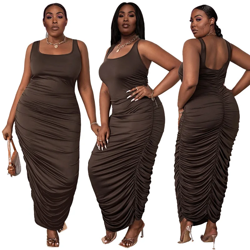 

OR- 21293 Sleeveless tight fitting pleated solid color new trendy plus size women long dress bodycon dress, Coffee color