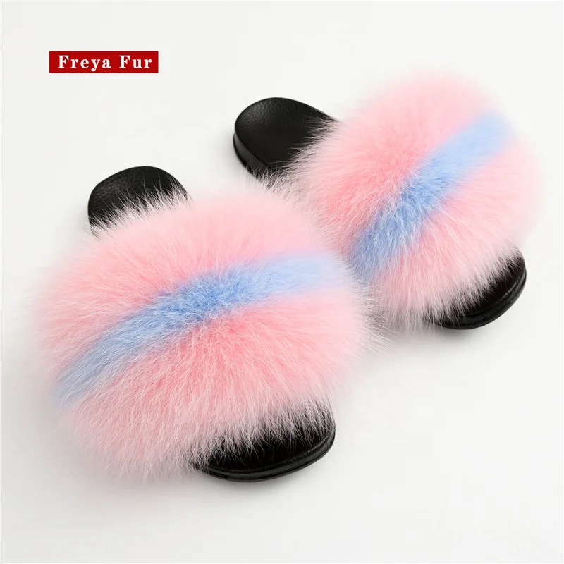 

2021 Hot Sale Luxury Multicolor Fur Slides Pink Big Fox Fur Slippers