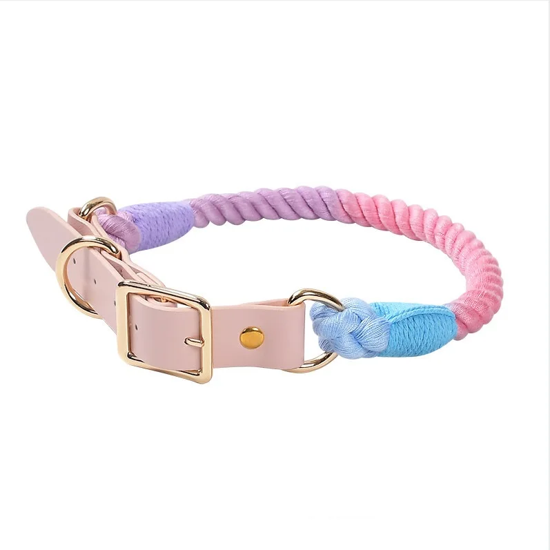 

Pet supplies and accessories Dog braided collar with leather rope rainbow colors wholesale dog collar, 7 colors