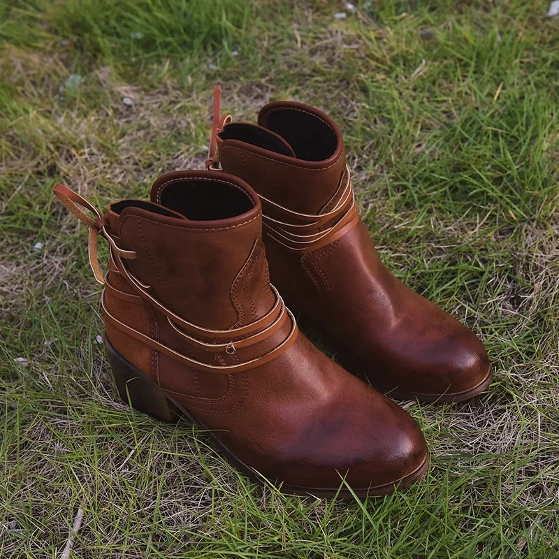 

JT-685A 2020 New arrival thick heel rear bandage shoes ankle casual ladies boot autumn winter leather boots women, As picture or customized color