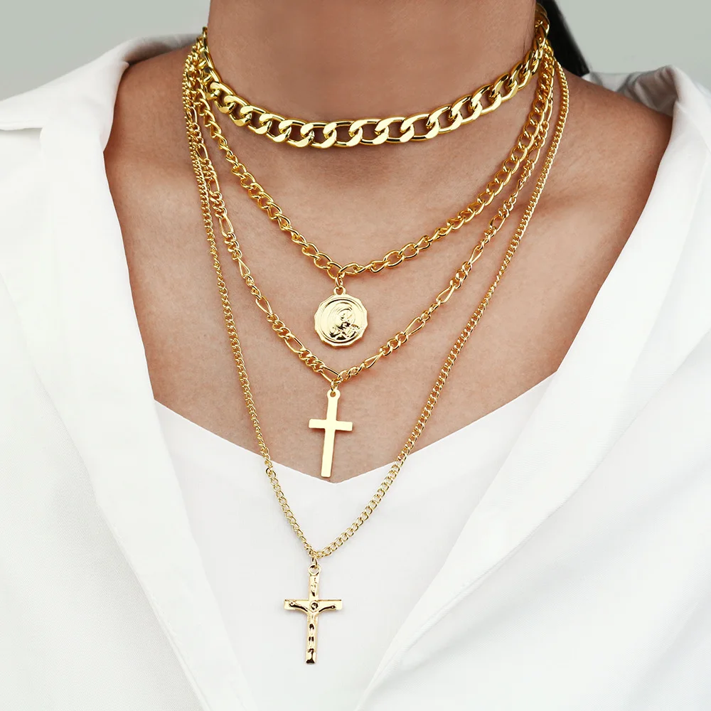 

Hot-Selling Exaggerated Punk Style Cross Portrait Embossed Pendant Thick Chain Multilayer Necklace, Picture shows